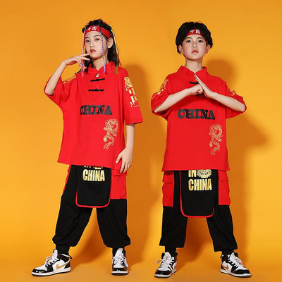 兒童街舞服男童嘻哈漢服國潮爵士舞童裝男女童中國風唐裝演出服裝