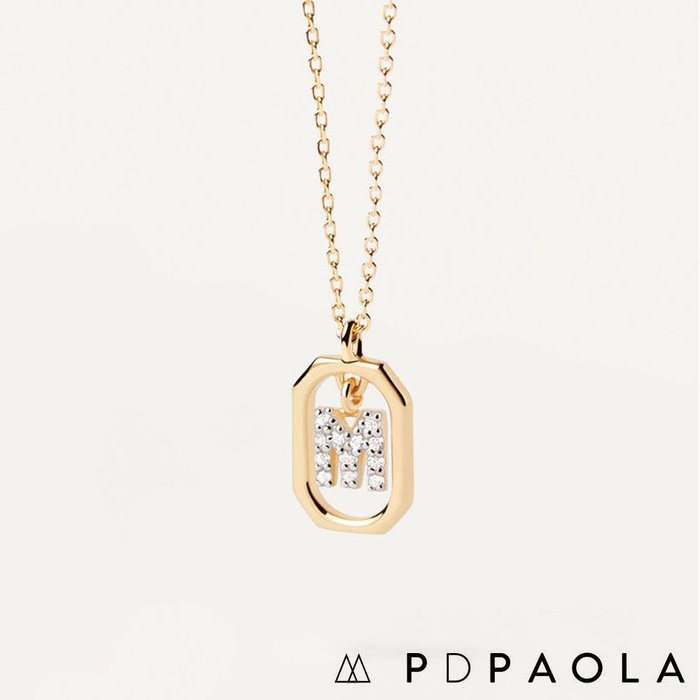 PD PAOLA 西班牙時尚潮牌 迷你鑲鑽M字母項鍊 金色簡約項鍊 925純銀鑲18K金
