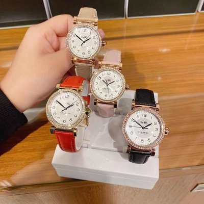現貨熱銷-COACH 14503395 真皮錶帶 鑲鑽石英手錶 女錶 腕錶 購美國代購Outlet專場 可團購