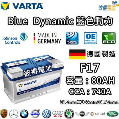 【彼得電池】VARTA華達 F17 80AH 藍色動力 汽車電瓶 LBN4 58014 適用福特Ford Kuga