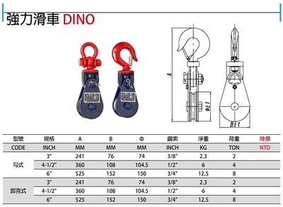 DINO S型強力滑車 強力型滑車 勾子式/卸克式