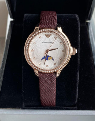 EMPORIO ARMANI Mia Moonphase 晶鑽圈 白色錶盤 棕色皮革錶帶 月相 石英 女錶 AR11568