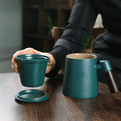 馬克杯陶瓷茶水分離泡茶杯帶蓋過濾水杯創意木柄杯子辦公會議禮品杯