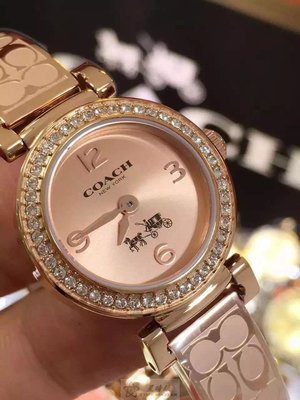 2016最新款！美國時尚大牌COACH(蔻馳)石英女錶高檔玫瑰金手鐲式錶帶23mm小錶盤閃亮水晶30米防水國際聯保2年