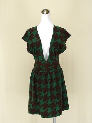 貞新二手衣a-del 韓組 綠色千鳥格紋V領短袖棉質洋裝F號(66833)