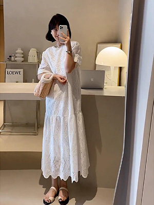 🌸Angela🌸法式高級感白色寬鬆蕾絲鏤空連衣裙(240303)