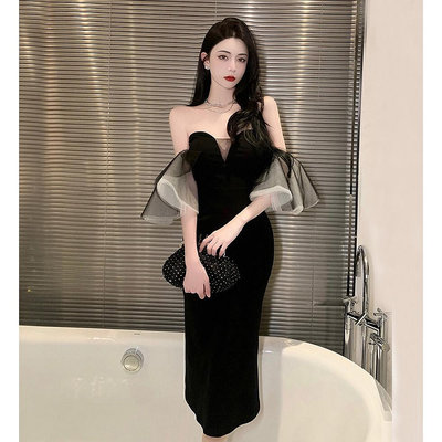 一字領洋裝 性感禮服 韓版女裝 名媛 高級感網紗袖拼接緊身包臀聚會禮服洋裝 洋裝 連身裙 禮服 韓版洋裝