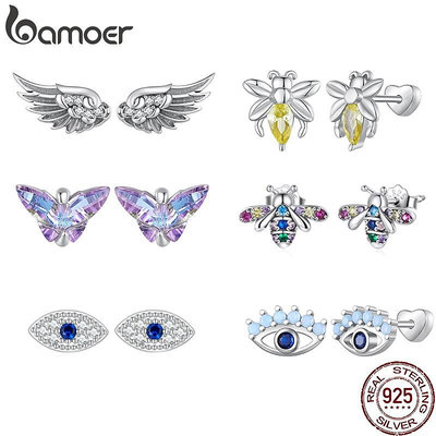 Bamoer 純銀 925 天使之翼耳環 / 蝴蝶 / 蜜蜂和邪惡之眼耳釘 4 種時尚首飾 (滿599元免運)