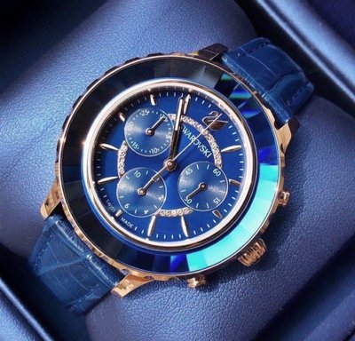 SWAROVSKI Octea Lux Chrono 藍色面錶盤 藍色皮革錶帶 三眼計時 石英 女士手錶5563480 施華洛世奇腕錶