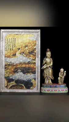 舊藏壽山石雕刻彩繪童子觀音印章一套，觀音尺寸約為5×3.3×15.3公分、童子尺寸約為3×2.5×7.5公分 ZZCL12622