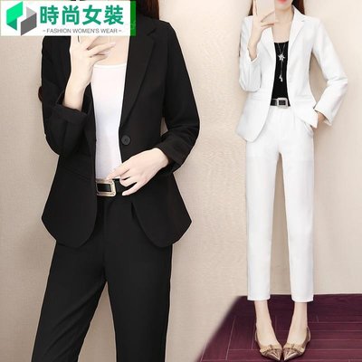 S2XL 兩件式西服 職業西裝 時尚西裝套裝 洋氣新款女韓版白色小西裝套裝時尚氣質夏季英倫風兩件套~時尚女裝