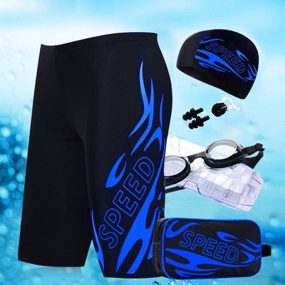 泳褲男 游泳衣 五分平角 溫泉 大碼寬鬆  時尚 泳鏡 泳帽 裝備五件套裝  滿599免運