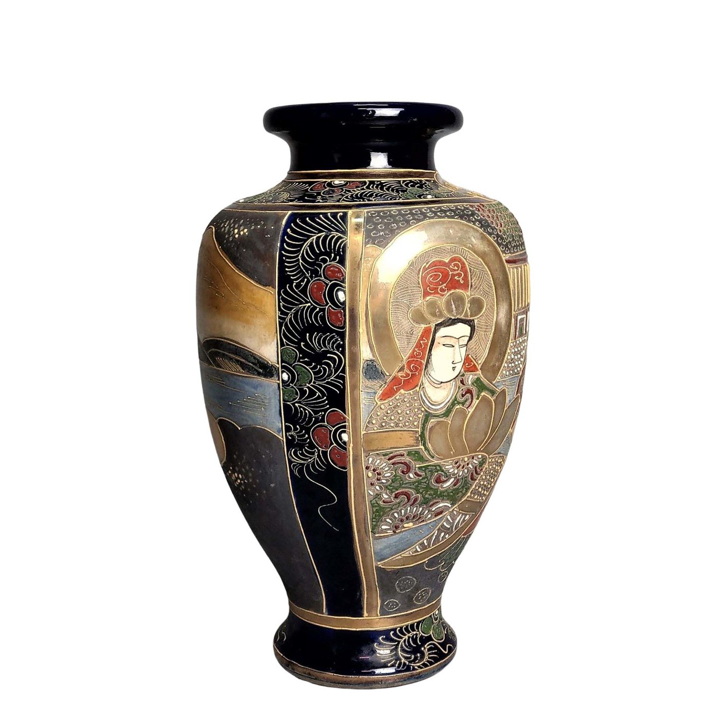 日本古美術/薩摩燒古花瓶金襴手細工人物紋，琉璃釉，飾金開片(明治 