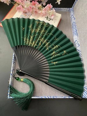 中国风折扇子男生便携8寸复古风折叠古典古装汉服黑色绿色竹林大~清倉