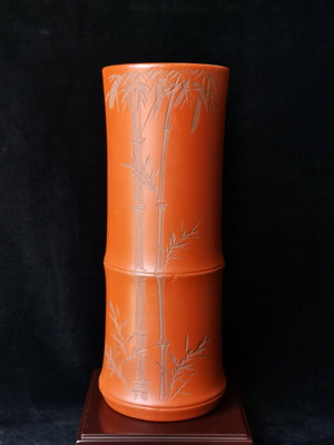日本常滑燒  朱泥細工  竹畫片花瓶也可以做大筆筒  高22