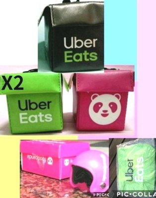 (名牌精品)Foodpanda.UberEats外送方型袋(粉紅,綠x2,黑),F安全帽鑰匙圈(粉紅色).綠色便當袋(一組)
