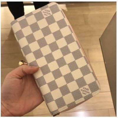 【二手正品】 Louis Vuitton LV 路易威登 N63503 白棋盤格紋拉鍊粉色長夾錢包
