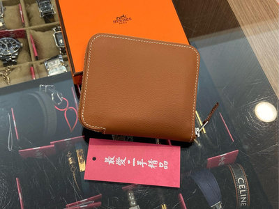 ☆最愛二手精品☆ HERMES 近全新愛馬仕焦糖色金棕色愛心斑馬紋動物圖騰絲巾短夾皮夾 B刻 SILK IN C4156 evercolor