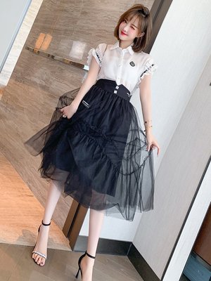 TANG KOREA法式小眾設計感高腰顯瘦拼接蓬蓬網紗半裙