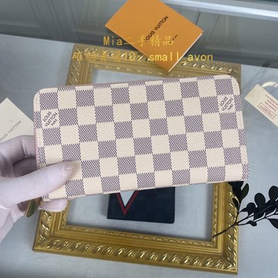 二手正品 Louis Vuitton LV 路易威登 N63503 白棋盤格紋拉鍊粉色長夾錢包 99新