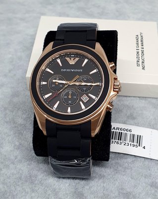EMPORIO ARMANI 玫瑰金配黑色面錶盤 橡膠覆鋼錶帶 石英 三眼計時 男士手錶AR6066 亞曼尼腕錶