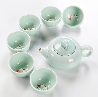 6983A 日式 青瓷鯉魚陶瓷茶具組 一壺六杯泡茶組 陶瓷茶壺茶杯組陶瓷杯組陶瓷壺茶具套裝禮品