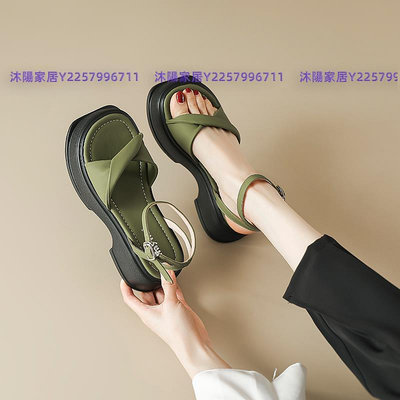 羅馬涼鞋女款2024夏季新款百搭時尚增高復古綠色仙女風厚底松糕鞋-沐陽家居