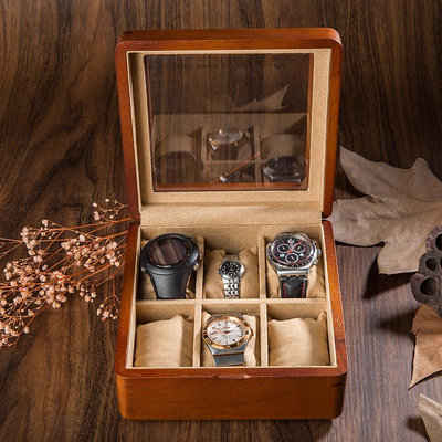 手錶收納盒夭桃（飾品）金絲柚木純實木質天窗手表盒機械表珠寶手鏈串收納盒
