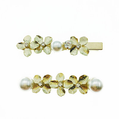 韓國 珍珠 水鑽 金屬 花朵 兩款 壓夾 髮夾 髮飾
