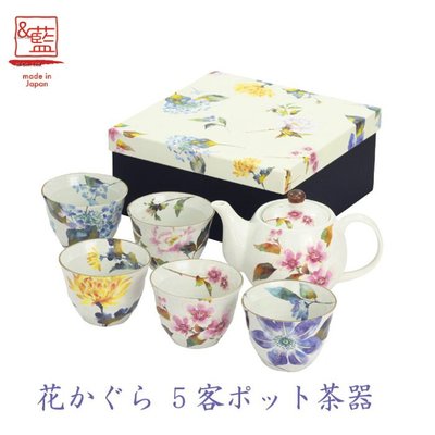 日本製美濃燒和藍 花神樂 茶具組 一壺五杯