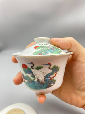 潮州松鶴延年蓋碗 ，小蓋碗，粉彩手繪手彩， 潮州瓷陶瓷功夫茶