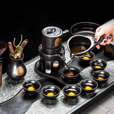 現貨金木葉自動茶具套裝懶人陶瓷家用茶杯功夫茶壺石磨旋轉出水泡茶器-簡約