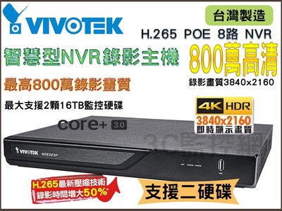 台灣製造 H.265 800萬畫素 4K 8路 NVR 監控主機 POE VIVOTEK 晶睿 ND9323P