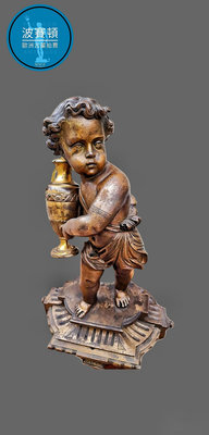 【波賽頓-歐洲古董拍賣】歐洲/西洋古董法國古董 19世紀 拿破崙三世風格 拿著牛奶瓶的小男孩雕塑像(尺寸：高45×寬28×深16公分)(年份：約1880年)