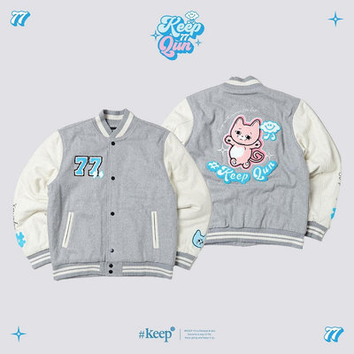 #KEEP x QUN 峮峮聯名款 灰色 粉貓 刺繡LOGO 棒球外套【KS196】