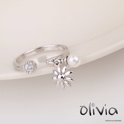 Olivia Fashion 戒指 太陽花珍珠施華洛世奇水鑽厚鍍14K真金開口戒指【Y00516】