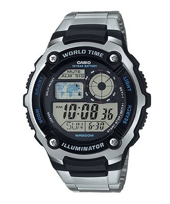 【金台鐘錶】CASIO卡西歐 10年電力電子錶 防水200米、世界時間 (公司貨) AE-2100WD-1A