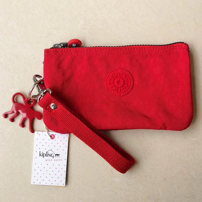 小Z代購#Kipling 猴子包 紅色 中款 附掛繩輕便三夾層拉鍊 輕量錢包 零錢包 鑰匙包 收納包 手拿包 防水