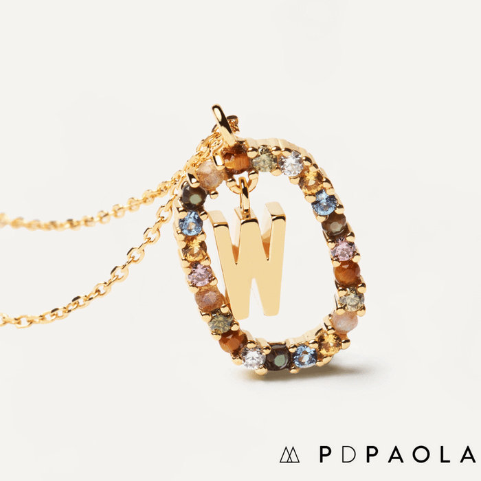 PD PAOLA 西班牙時尚潮牌 金色W字母項鍊 彩寶橢圓形項鍊 925純銀鑲18K金