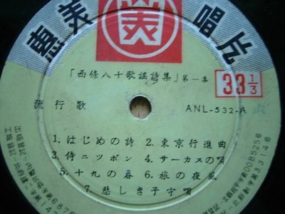 《惠美唱片》西條八十歌謠詩集 第一集 日語流行歌 ~裸片 黑膠唱片