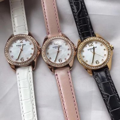 【MOMO全球購】COACH錶 全新正品 全新款 貝母鑲鑽錶盤 小牛皮錶帶 時尚氣質手腕錶 女錶款