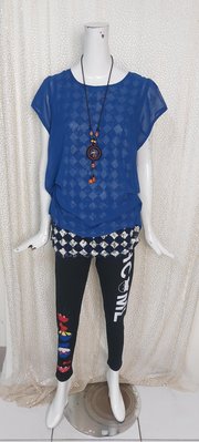 W155品牌L'LAR寶藍色內花朵蕾絲雪紡上衣XL