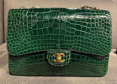 稀少Chanel vintage jumbo 祖母綠鱷魚皮CF 30金扣鏈條包。大極品！