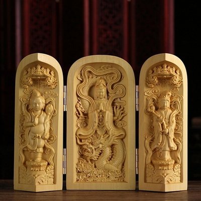 【熱賣精選】   佛教用品 三開盒佛龕 馭龍觀音 法像莊嚴 木雕擺件 黃楊木（GA-5163）