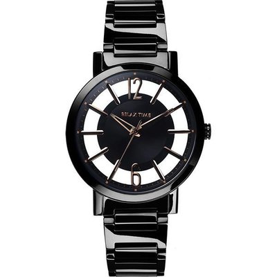 【金台鐘錶】RELAX TIME 簡約鏤空腕錶-黑x玫瑰金 36mm 小 (RT-56-3L)