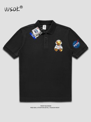 【型男會社】0425 WSDK NASA聯名小熊polo衫男士潮牌寬松夏季上衣定制翻領高端短袖T恤ins