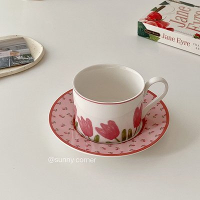 元氣角落 ins風復古粉色郁金香馬克杯法式下午茶陶瓷咖啡杯碟套裝~特價