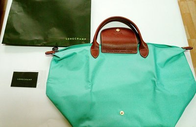 絕對正品【Longchamp】短柄M中型折疊水餃包/湖水綠