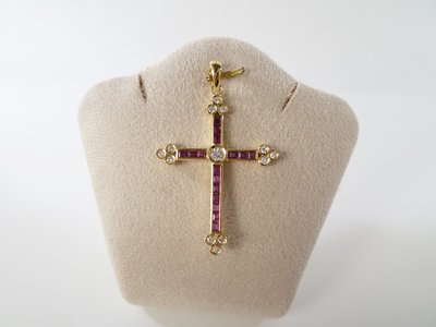 [卡貝拉精品交流] 天然紅寶石造型墜子 十字架墜子 天然鑽石 14k金 黃k金 造型飾品