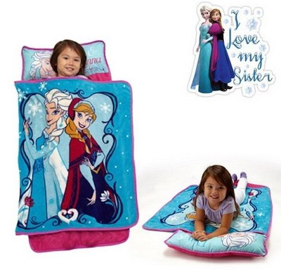 美國FROZEN冰雪奇緣艾莎與安娜公主款附枕頭輕蓋毯(幼兒適用)可攜輕便式收納珊瑚絨睡袋